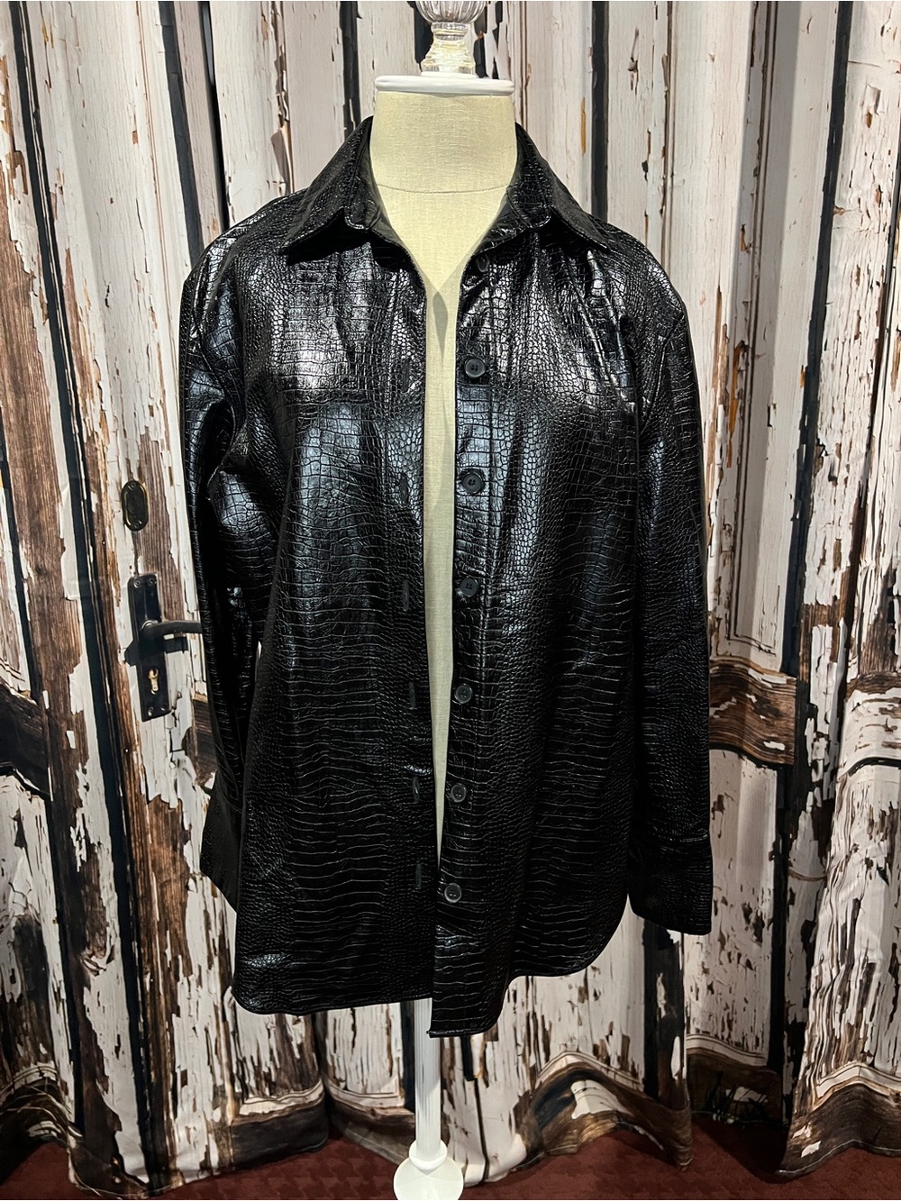 Zara Black Faux Croc Button-Front Shirt Jacket